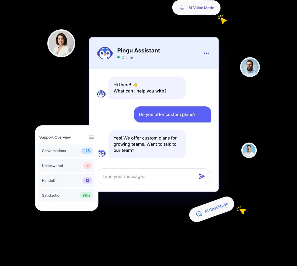 Pingu AI assistant chat and dashboard preview