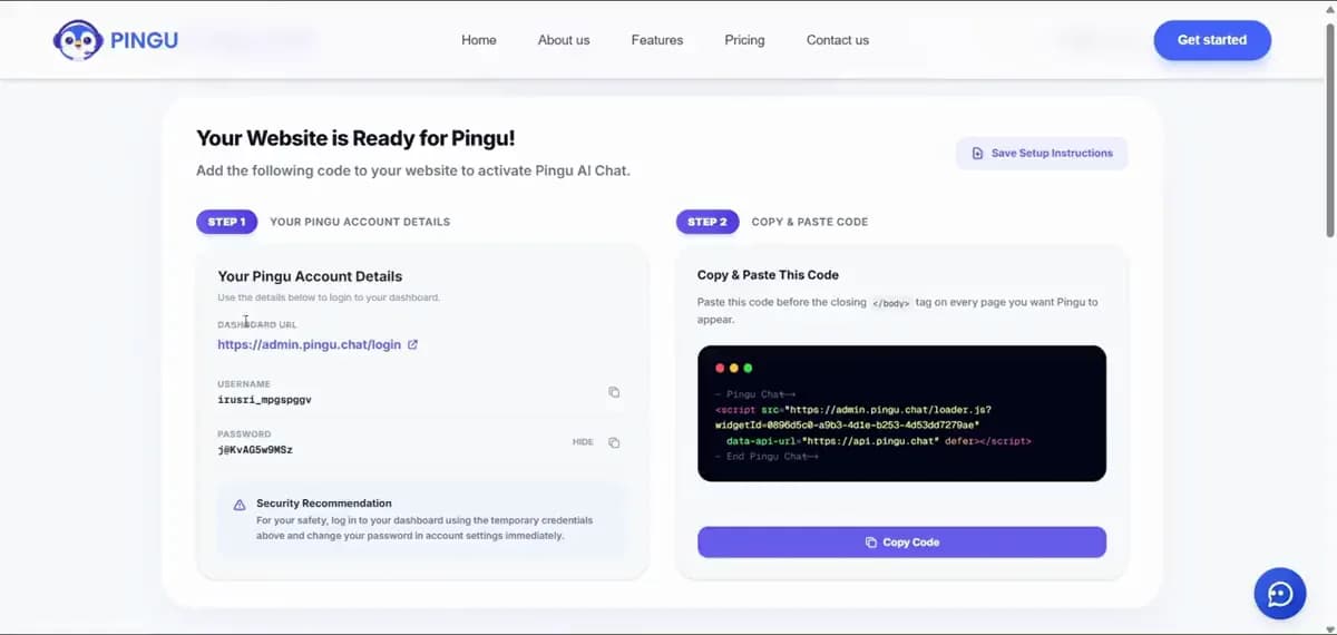 Pingu dashboard showing the AI chat widget setup steps